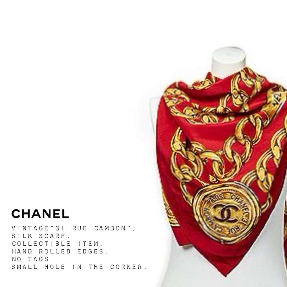 Vintage  Chanel "31 Rue Cambon" Red Silk Scarf with Gold Chain Design.